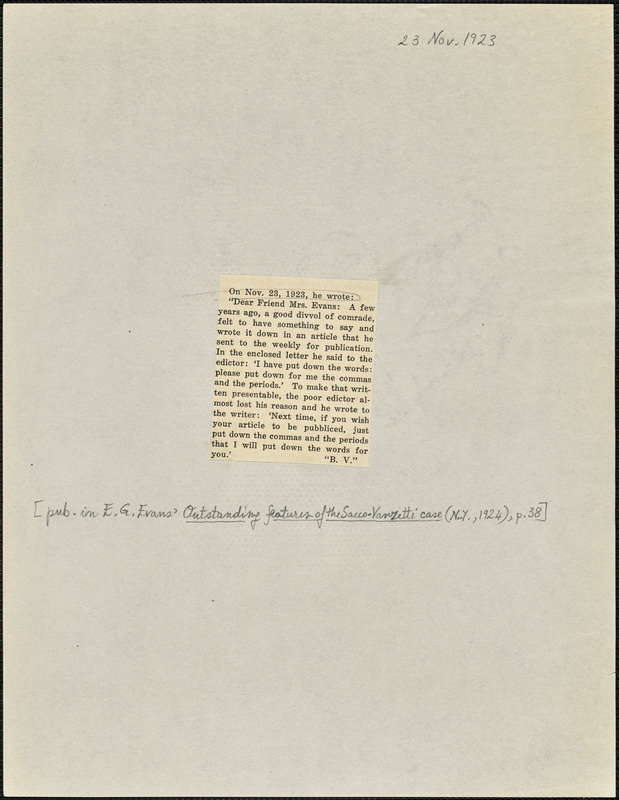 Bartolomeo Vanzetti printed note to Elizabeth Glendower Evans, [Charlestown], 23 November 1923