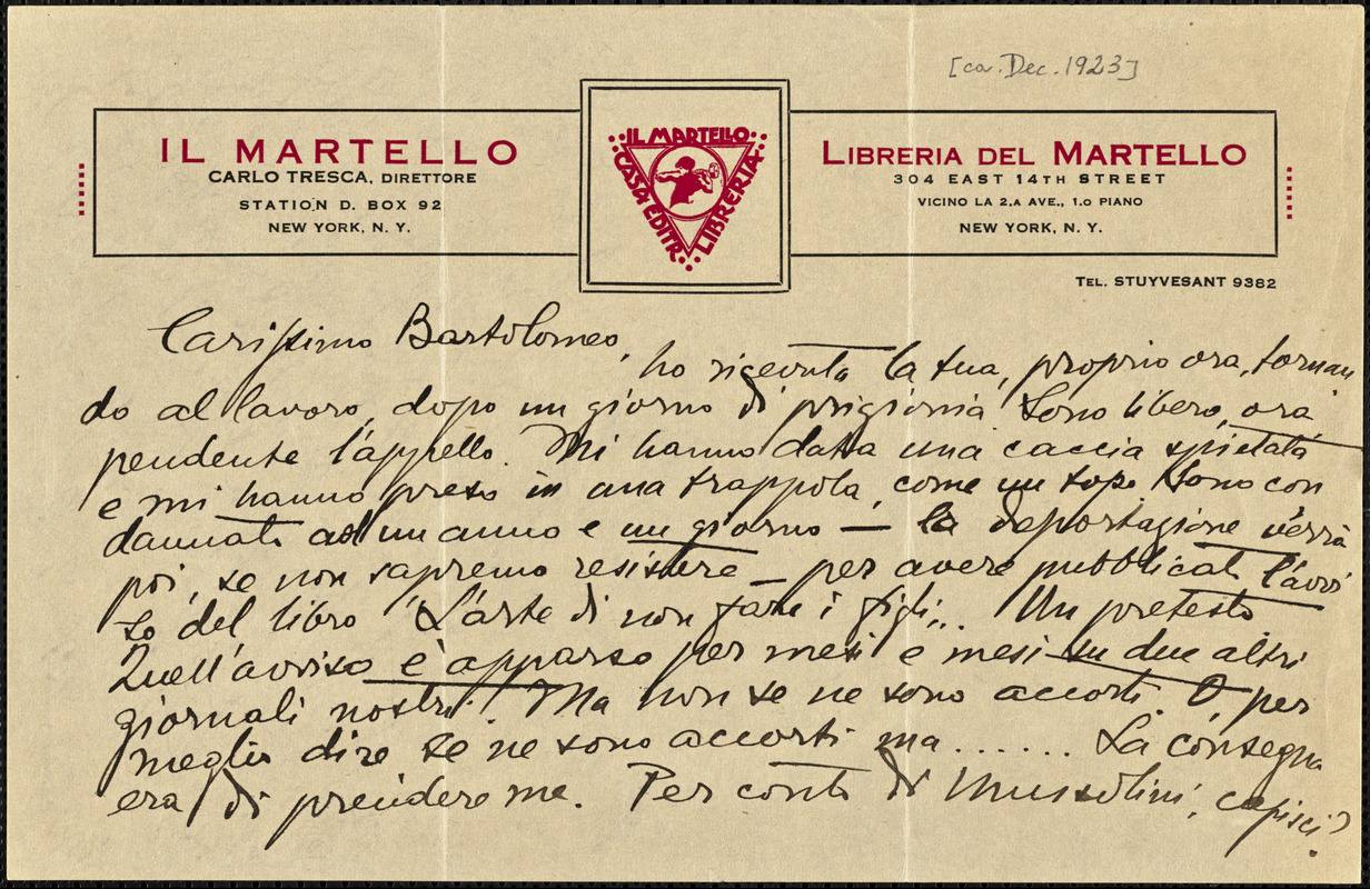 Carlo Tresca autographed letter signed to Bartolomeo Vanzetti, New York, December 1923