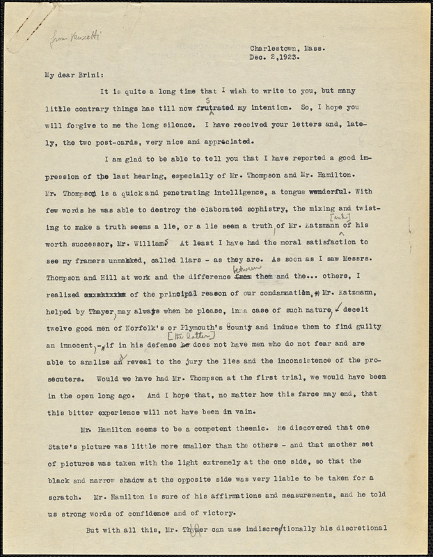 Bartolomeo Vanzetti typed letter (copy) to the Brini family, Charlestown, 2 December 1923