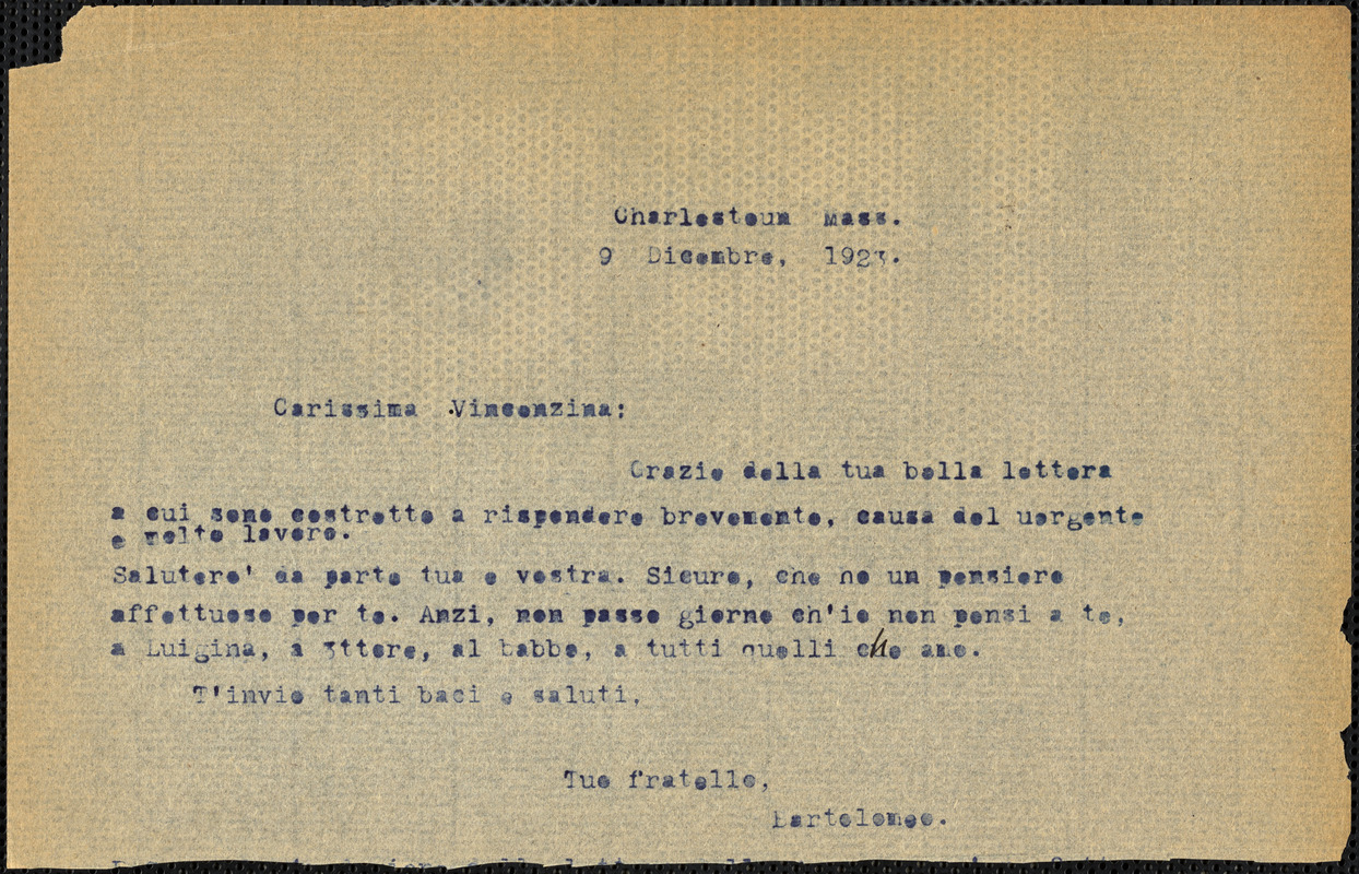 Bartolomeo Vanzetti typed note (copy) to Vincenzina Vanzetti, Charlestown, 9 December 1923