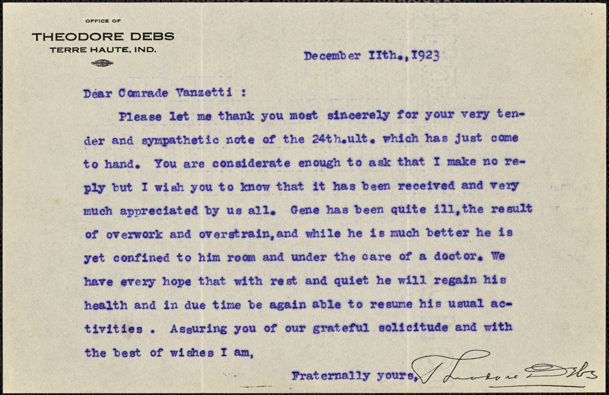 Theodore Debs typed letter signed to Bartolomeo Vanzetti, Terra Haute, Ind., 11 December 1923