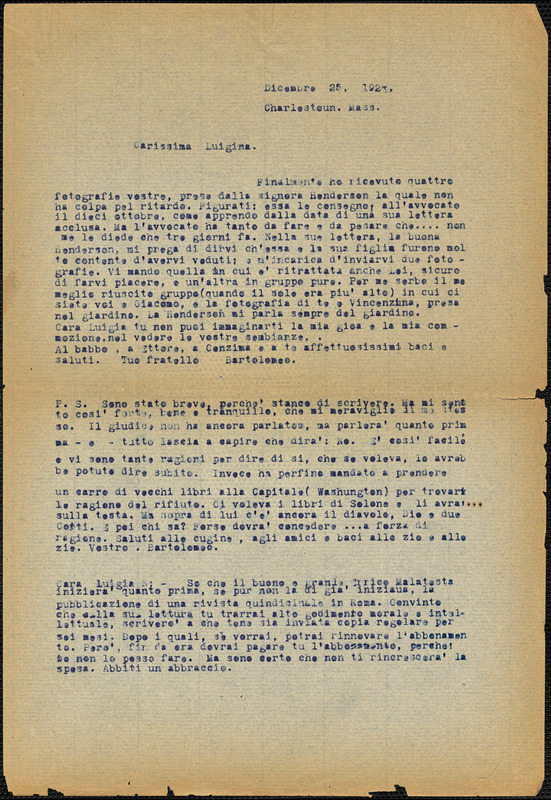 Bartolomeo Vanzetti typed letter (copy) to Luigia Vanzetti, Charlestown, 25 December 1923