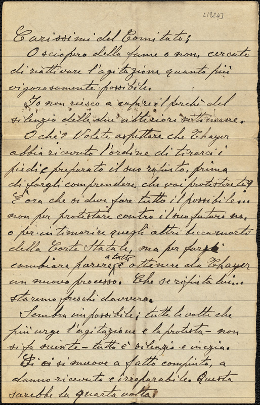Bartolomeo Vanzetti autographed letter signed to "Comitato" [Sacco-Vanzetti Defense Committee], [Charlestown, 1924]