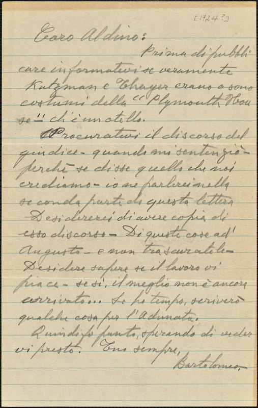 Bartolomeo Vanzetti autographed letter signed to Aldino Felicani, [Charlestown, 1924]