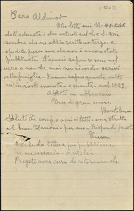 Bartolomeo Vanzetti autographed note signed to Aldino Felicani, [Charlestown, 1924]