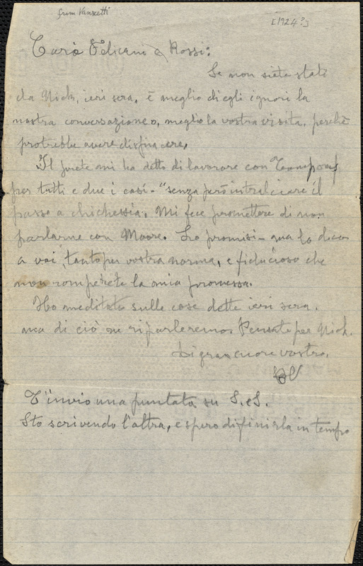 Bartolomeo Vanzetti autographed note signed (initials) to Aldino Felicani and [Augusto?] Rossi, [Charlestown], 1 January 1924