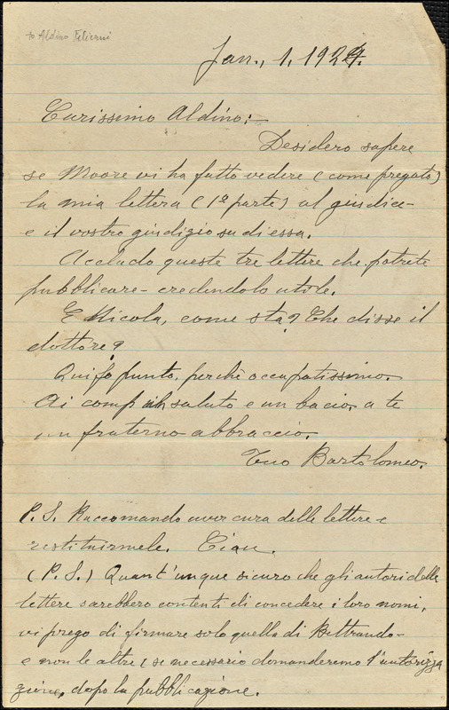 Bartolomeo Vanzetti autographed letter signed to Aldino Felicani, [Charlestown], 1 January 1924
