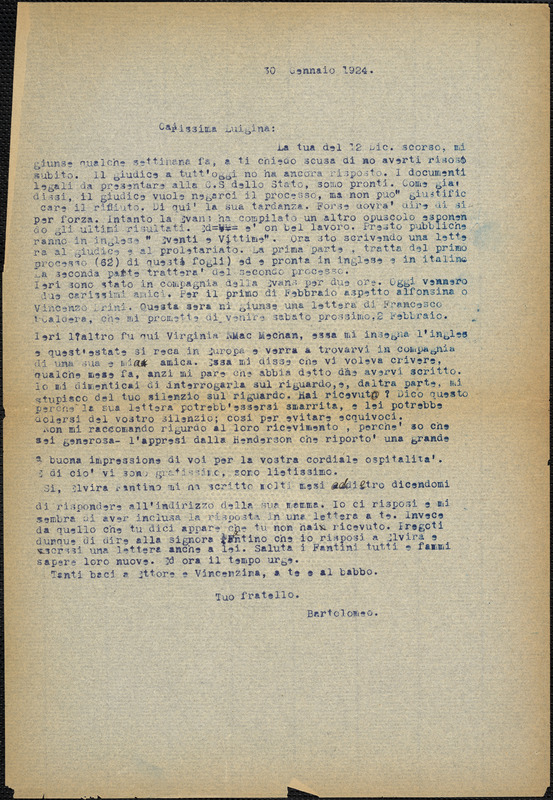 Bartolomeo Vanzetti typed letter (copy) to Luigia Vanzetti, [Charlestown], 30 January 1924