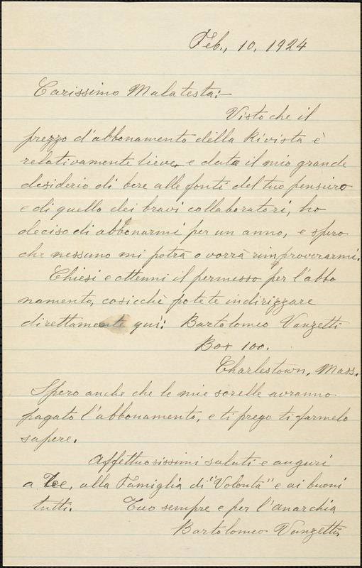 Bartolomeo Vanzetti autographed note signed to Errico Malatesta, [Charlestown], 10 February 1924