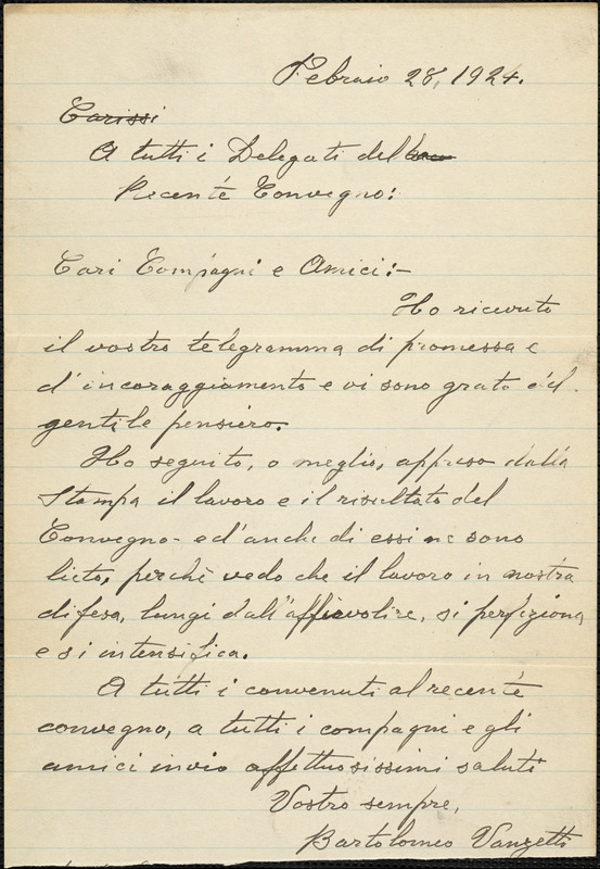 Bartolomeo Vanzetti autographed note signed to Delegates of Recent Convention, [Charlestown], 28 February 1924