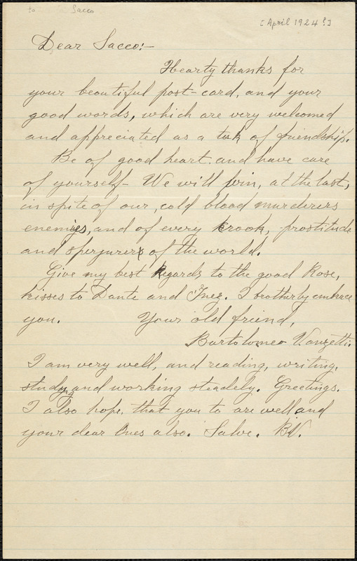 Bartolomeo Vanzetti autographed letter signed to [Nicola] Sacco, [Charlestown, April 1924]