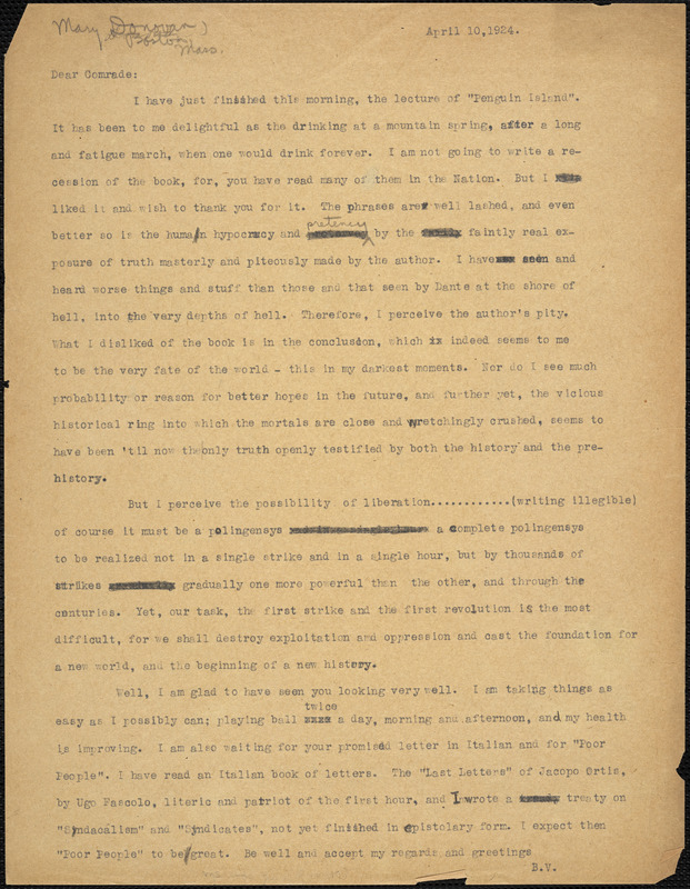 Bartolomeo Vanzetti typed letter (copy) to Mary Donovan, [Charlestown], 10 April 1924