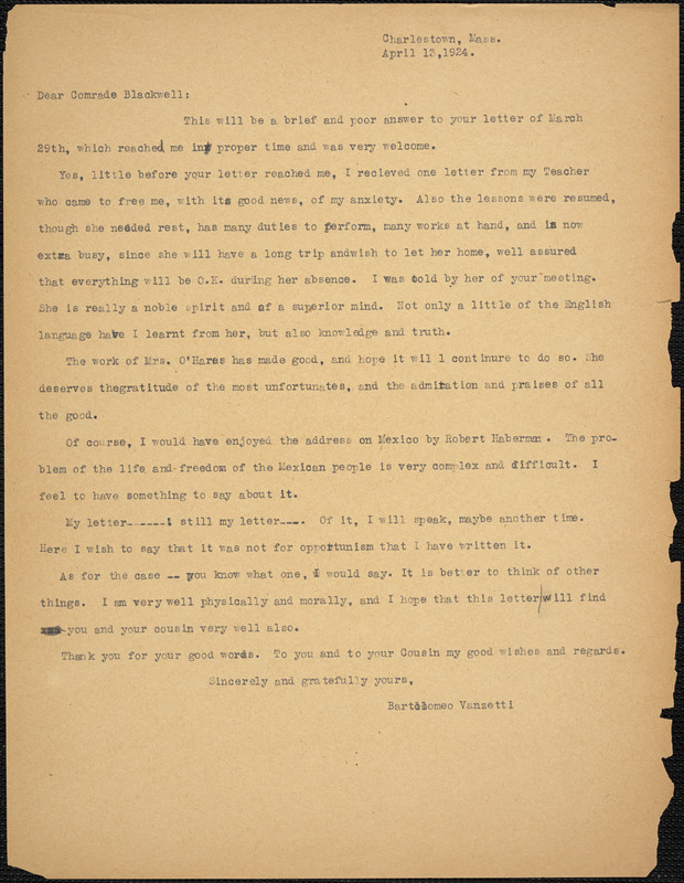 Bartolomeo Vanzetti typed letter (copy) to Alice Stone Blackwell, Charlestown, 13 April 1924