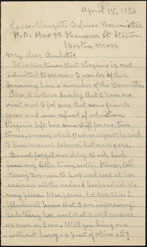 Bartolomeo Vanzetti autographed letter signed to Almeto [Fabbri], [Charlestown], 18 April 1924