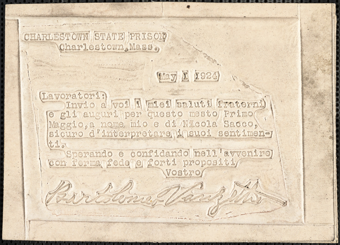 Bartolomeo Vanzetti embossed card to "Lavoratori", Charlestown State Prison, 1 May 1924