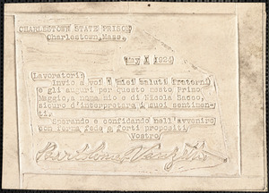 Bartolomeo Vanzetti embossed card to "Lavoratori", Charlestown State Prison, 1 May 1924