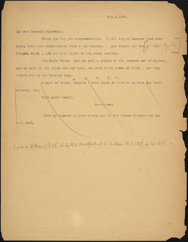 Bartolomeo Vanzetti typed note (copy) to Alice Stone Blackwell, [Charlestown], 4 May 1924