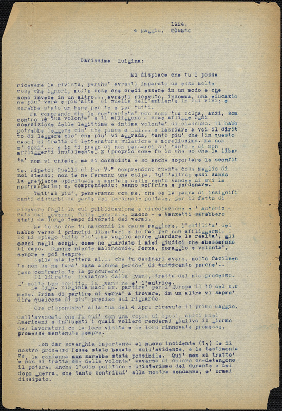 Bartolomeo Vanzetti typed letter (copy) to Luigia Vanzetti, [Charlestown], 4 May 1924