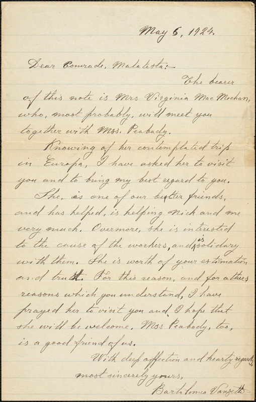 Bartolomeo Vanzetti autographed letter signed to [Errico] Malatesta, [Charlestown], 9 May 1924