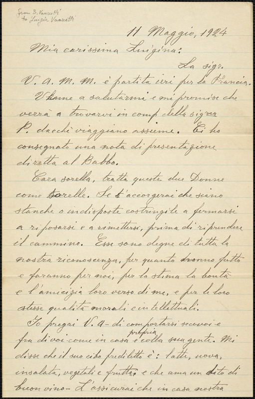 Bartolomeo Vanzetti autographed letter signed to Luigia Vanzetti, [Charlestown], 11 May 1924