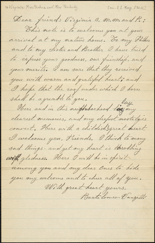 Bartolomeo Vanzetti autographed letter signed to Virginia A. [MacMechan] and Miss [Peabody], [Charlestown], 11 May 1924