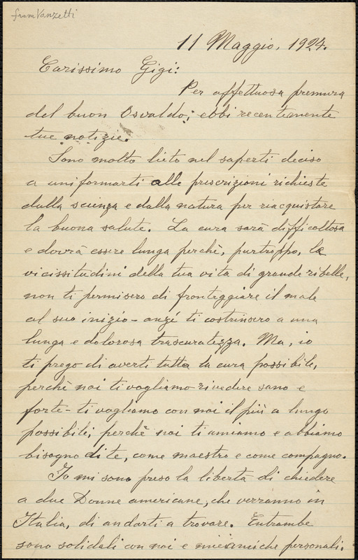 Bartolomeo Vanzetti autographed letter signed to Gigi, [Charlestown], 11 May 1924