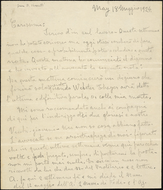 Bartolomeo Vanzetti autographed letter to his friends, [Charlestown], 18 May 1924