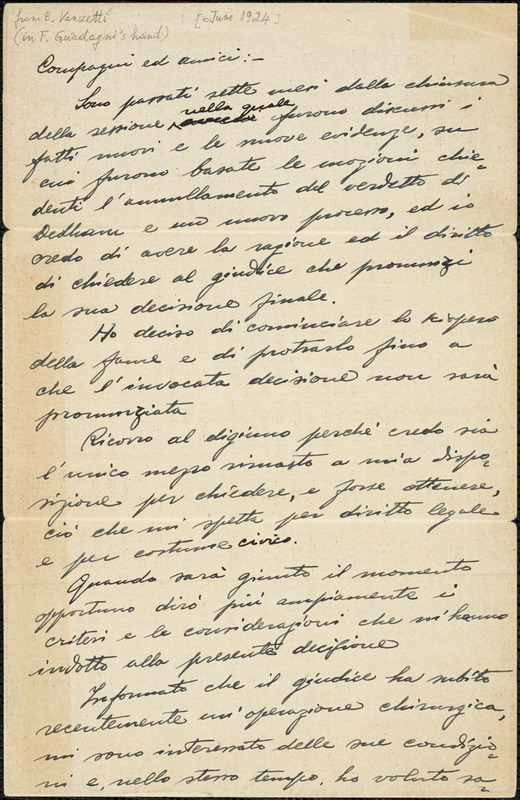 Bartolomeo Vanzetti manuscript letter (copy) to "Campagni et amici", [Charlestown, June 1924]