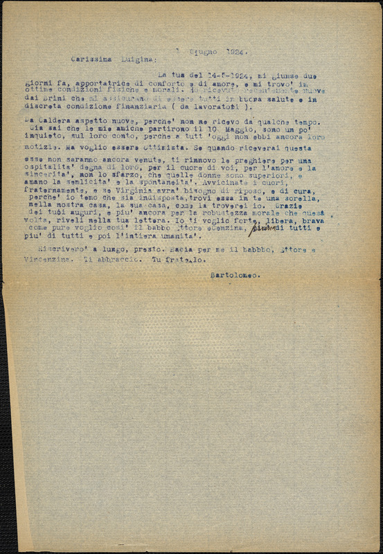 Bartolomeo Vanzetti typed letter (copy) to Luigia Vanzetti, [Charlestown], 1 June 1924