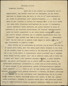 Joseph A. Ienuso typed letter signed to Bartolomeo Vanzetti, Brooklyn, 29 June 1924
