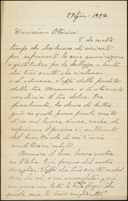 Bartolomeo Vanzetti autographed letter signed to Ottorino Manni, [Charlestown], 29 June 1924