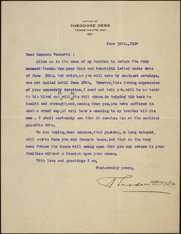 Theodore Debs typed letter signed to Bartolomeo Vanzetti, Terre Haute, Ind., 30 June 1924