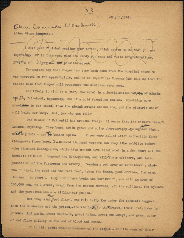 Bartolomeo Vanzetti typed letter (copy) to Alice Stone Blackwell, [Charlestown], 5 July 1924