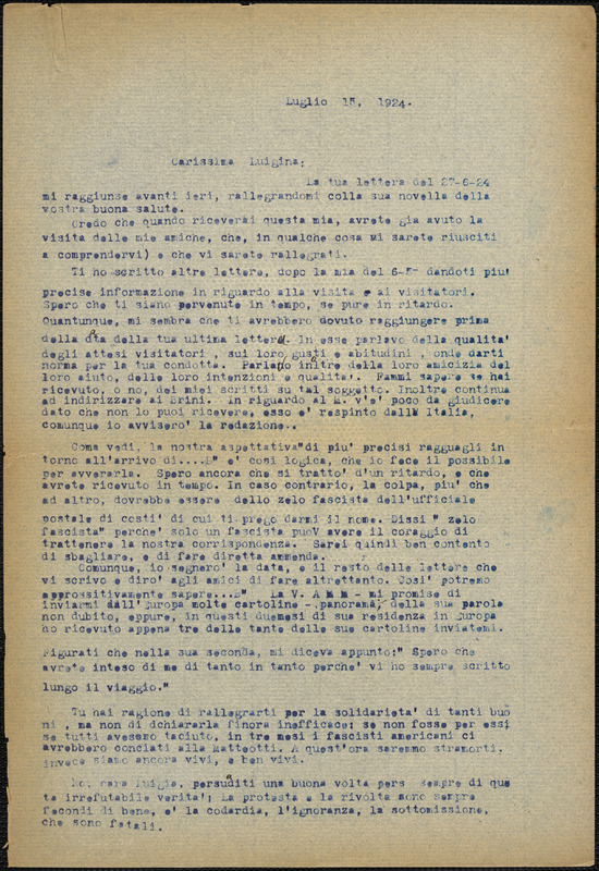 Bartolomeo Vanzetti typed letter (copy) to Luigia Vanzetti, [Charlestown], 15 July 1924