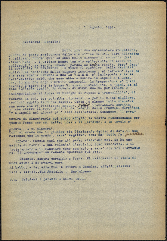 Bartolomeo Vanzetti typed letter (copy) to Luigia Vanzetti, [Charlestown], 1 August 1924