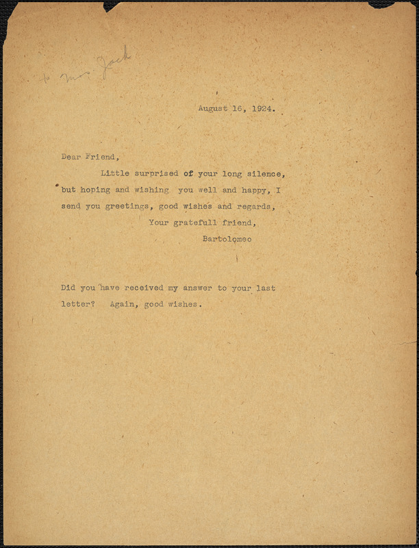 Bartolomeo Vanzetti typed note (copy) to [Cerise Jack], [Charlestown], 16 August 1924