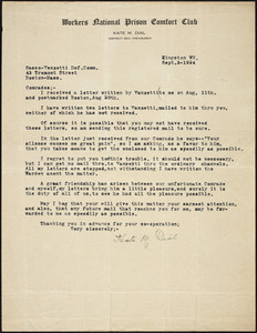 Kate M. Dial typed letter signed to Sacco-Vanzetti Defense Committee, Kingston, Wash., 3 September 1924