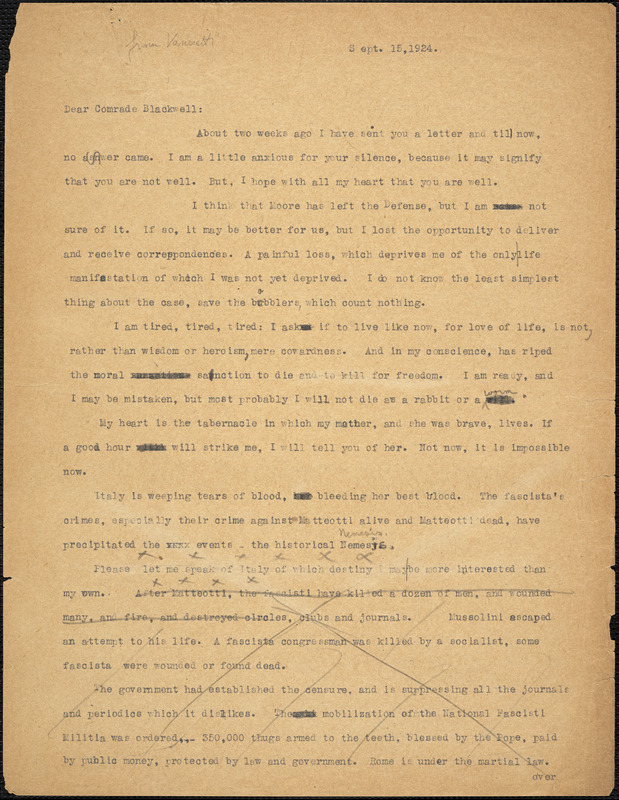 Bartolomeo Vanzetti typed letter (incomplete copy) to Alice Stone Blackwell, [Charlestown], 15 September 1924
