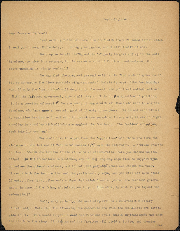 Bartolomeo Vanzetti typed letter (incomplete copy) to Alice Stone Blackwell, [Charlestown], 19 September 1924
