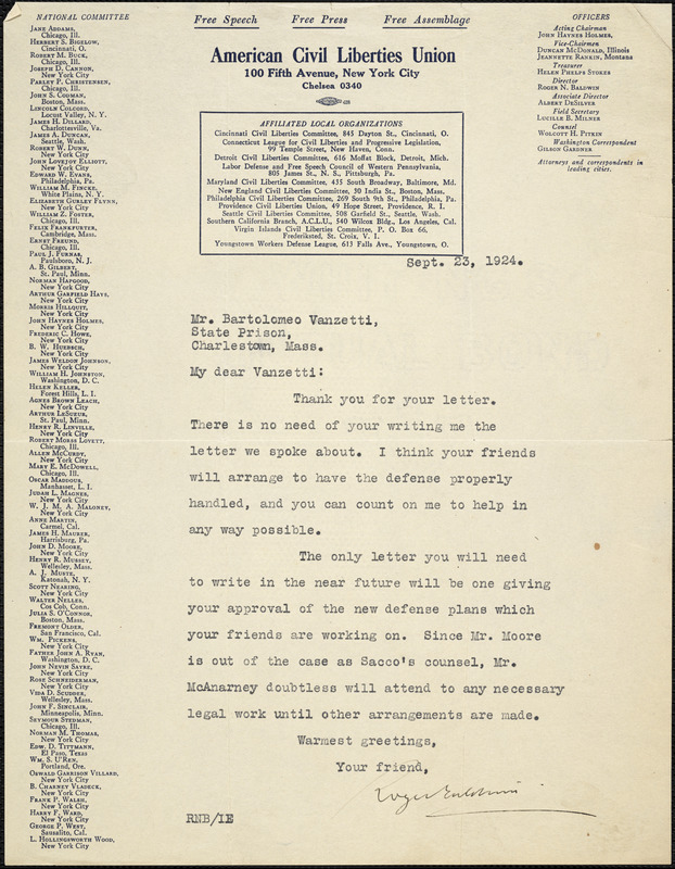 Roger Nash Baldwin typed note signed to Bartolomeo Vanzetti, New York, 23 September 1924