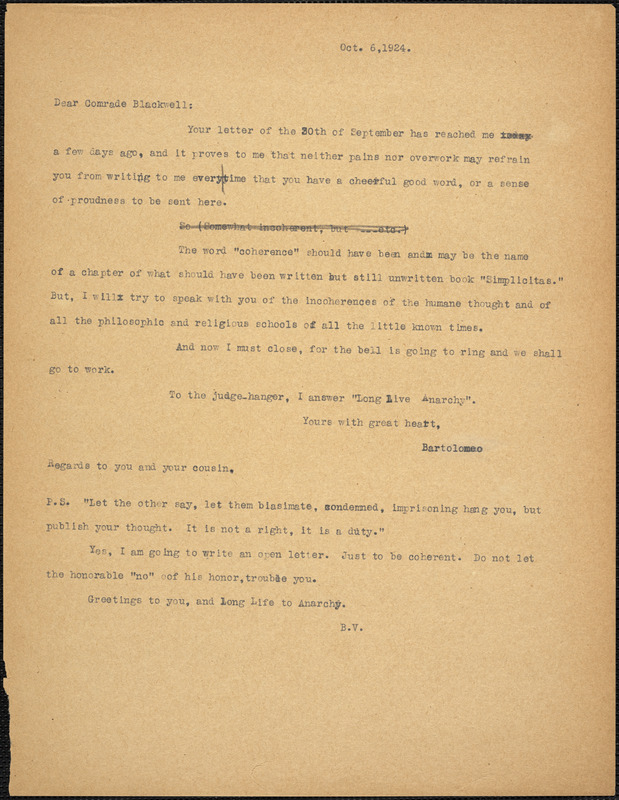 Bartolomeo Vanzetti typed note (copy) to Alice Stone Blackwell, [Charlestown], 6 October 1924