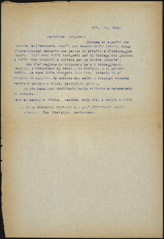 Bartolomeo Vanzetti typed letter (copy) to Luigia Vanzetti, [Charlestown], 13 October 1924