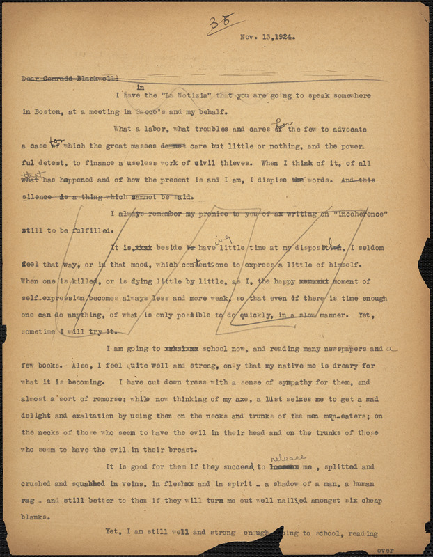 Bartolomeo Vanzetti typed letter (copy) to Alice Stone Blackwell, [Charlestown], 13 November 1924