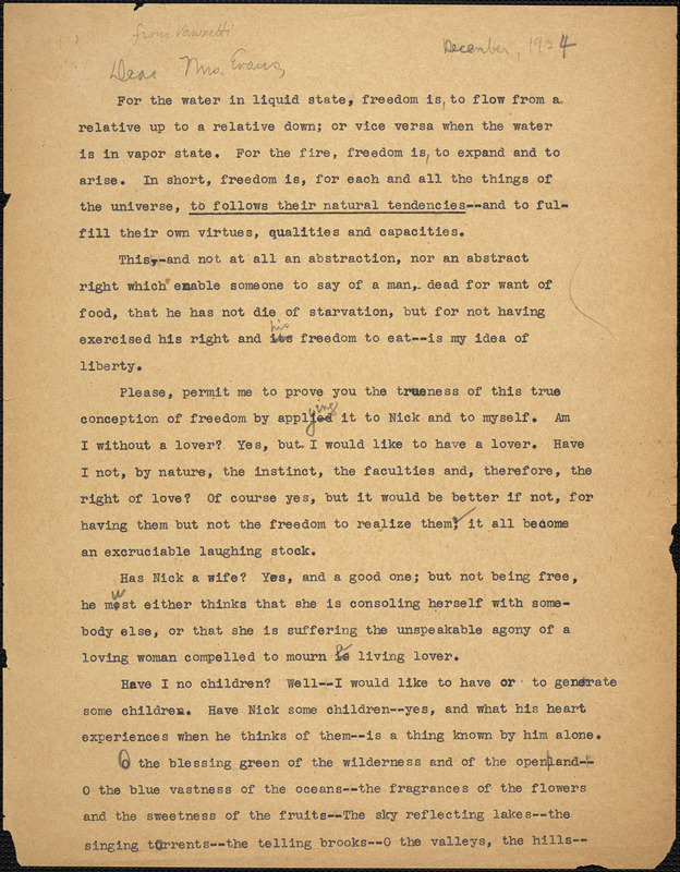 Bartolomeo Vanzetti typed letter (copy) to [Elizabeth Glendower Evans], [Charlestown], December 1924