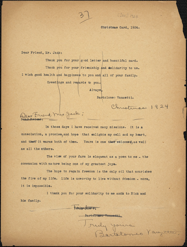 Bartolomeo Vanzetti typed note (copy of a Christmas card) to Cerise Jack, [Charlestown, December] 1924