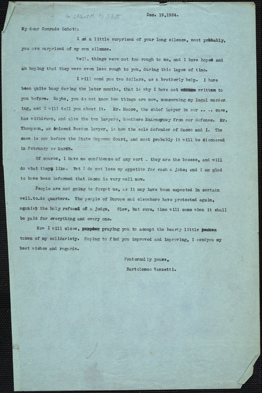 Bartolomeo Vanzetti typed letter (copy) to [Albert M.] Schott, [Charlestown], 19 December 1924