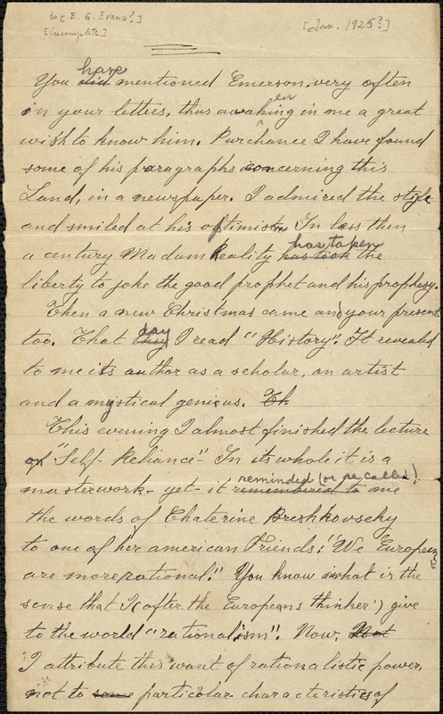 Bartolomeo Vanzetti autographed letter signed (incomplete) to [Elizabeth Glendower Evans], [Charlestown, January 1925?]