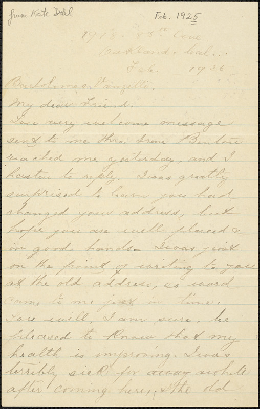 Kate M. Dial autographed letter signed to Bartolomeo Vanzetti, Oakland, Cal., February 1925