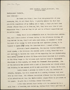 Cora Meyer typed letter signed to Bartolomeo Vanzetti, Milwaukee, 19 March 1925