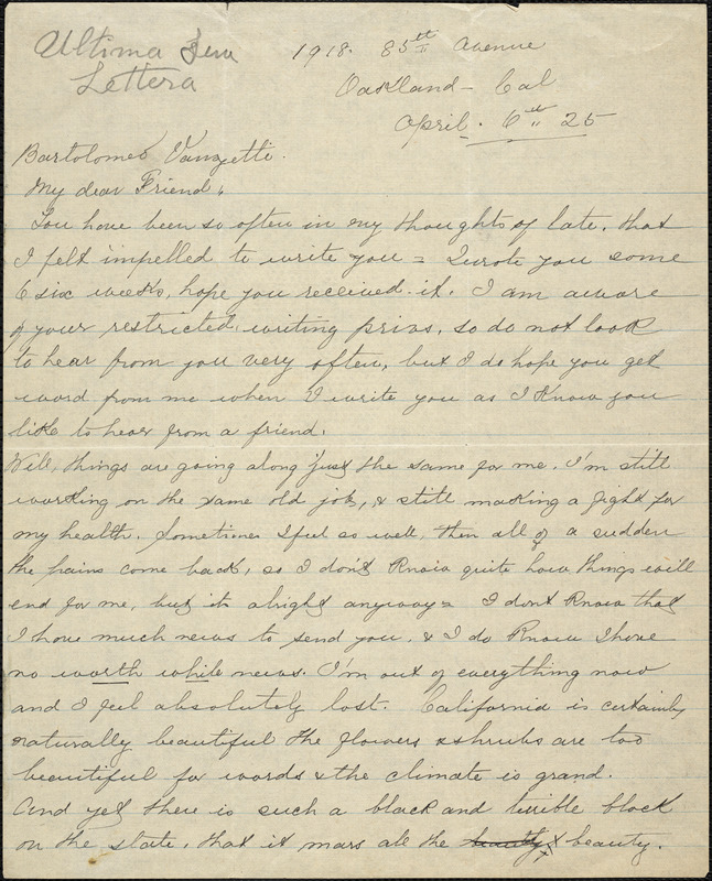 Kate M. Dial autographed letter signed to Bartolomeo Vanzetti, Oakland, Cal., 6 April 1925